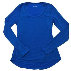 ATHLETA Hi Low Base Layer Women's S Blue Micro Stripe Long Sleeve Thumb Holes